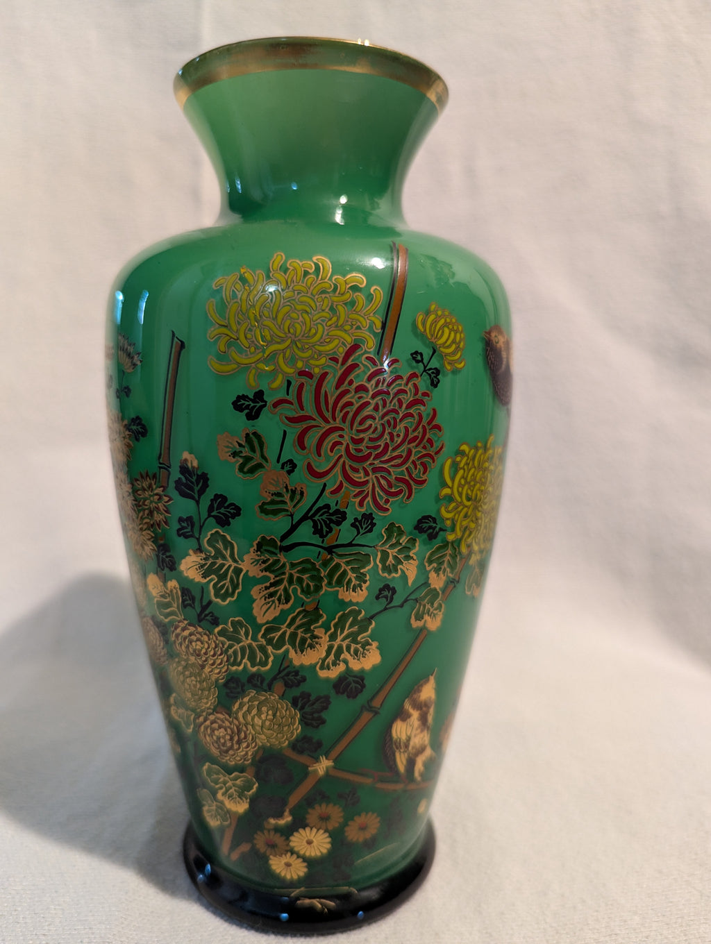 Vintage Japanese Green Floral & Bird Decorative Vase