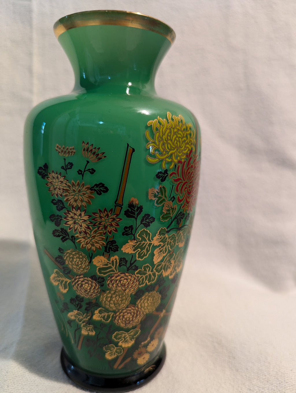 Vintage Japanese Green Floral & Bird Decorative Vase