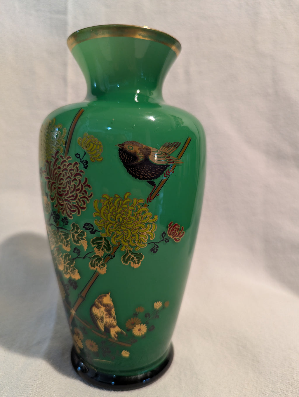 Vintage Japanese Green Floral & Bird Decorative Vase