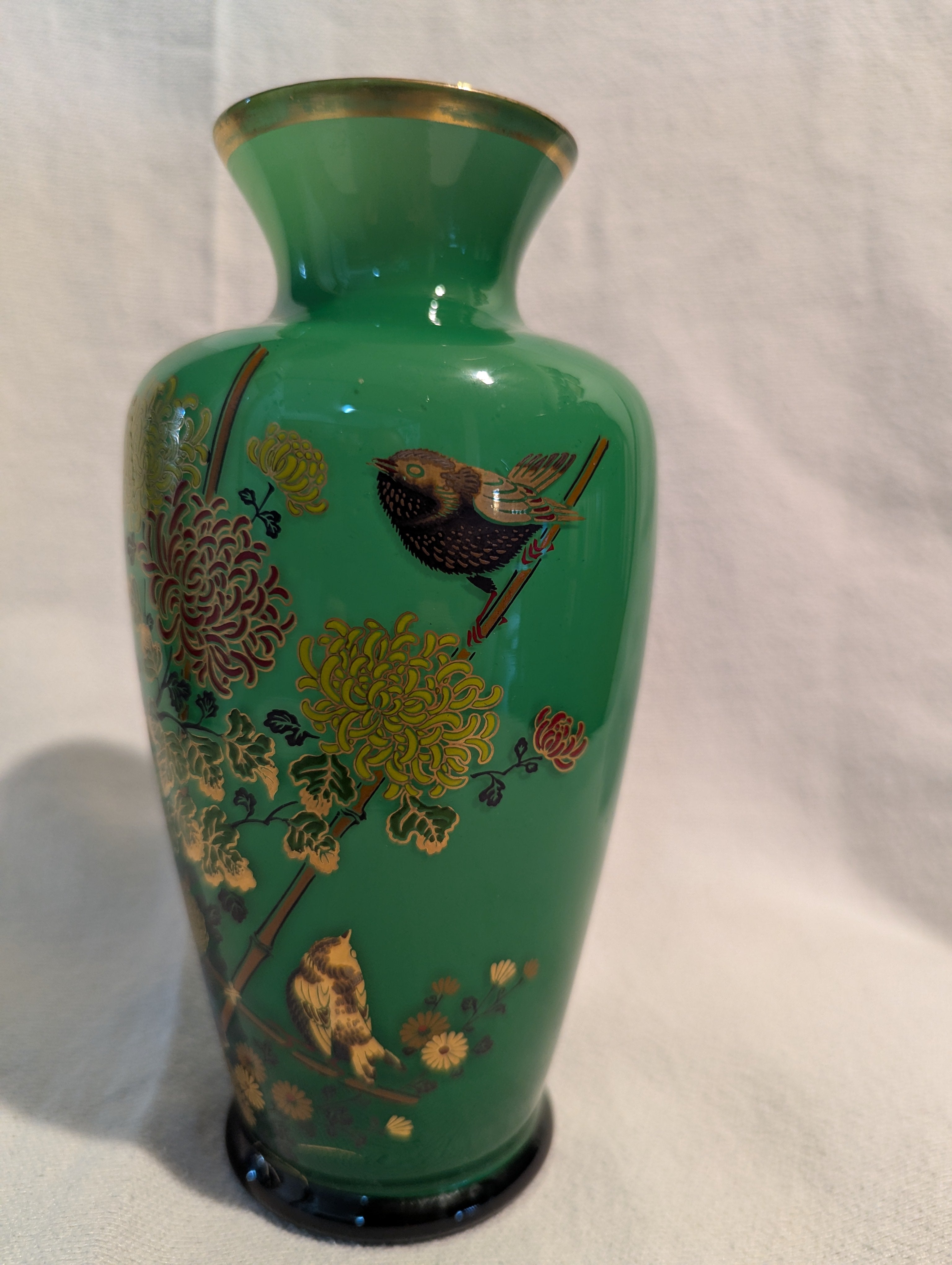 Vintage Japanese Green Floral & Bird Decorative Vase