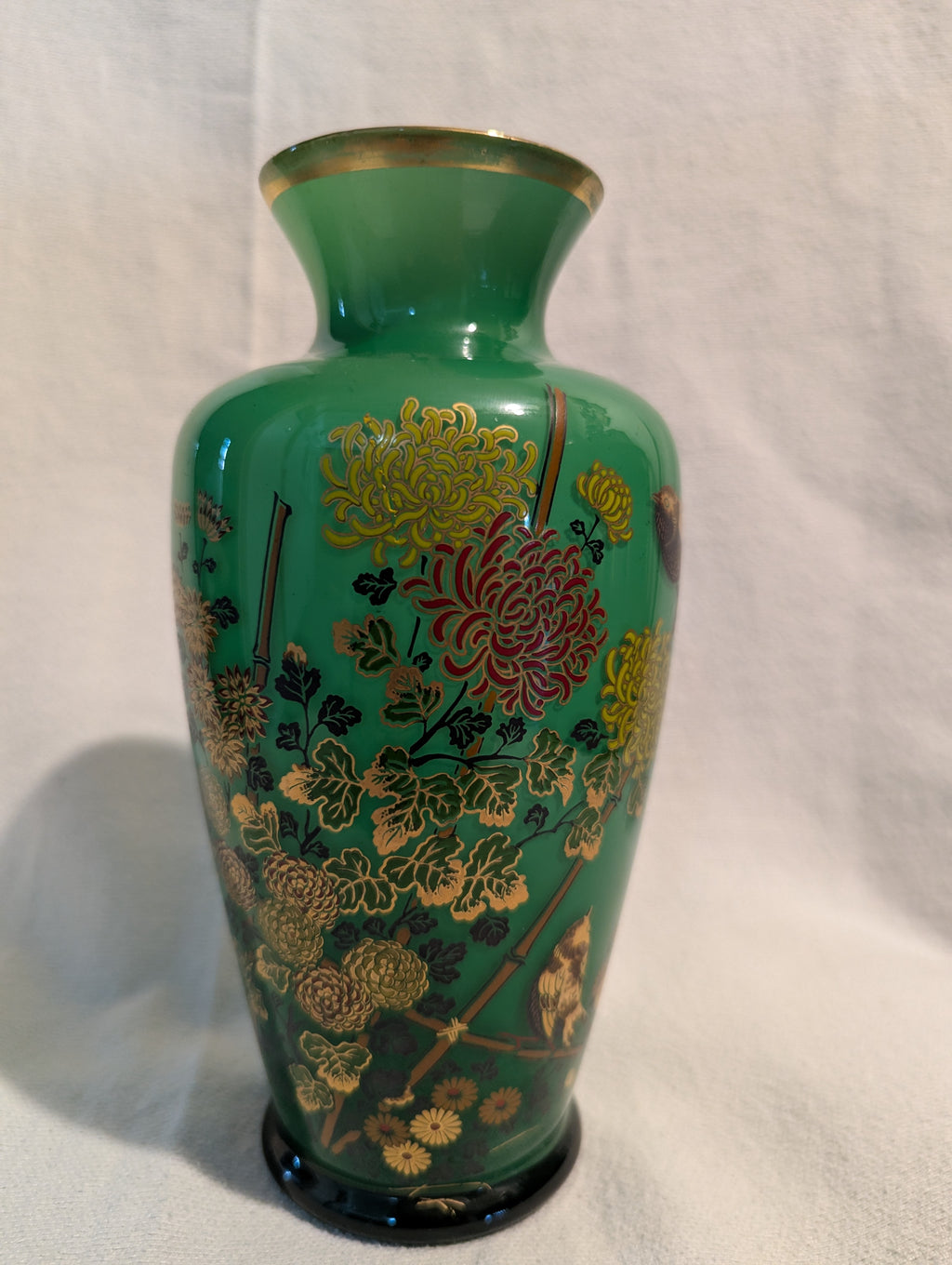 Vintage Japanese Green Floral & Bird Decorative Vase