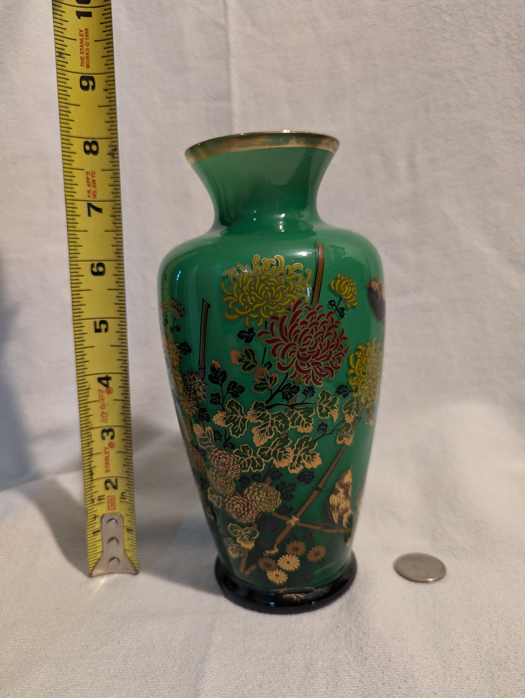 Vintage Japanese Green Floral & Bird Decorative Vase