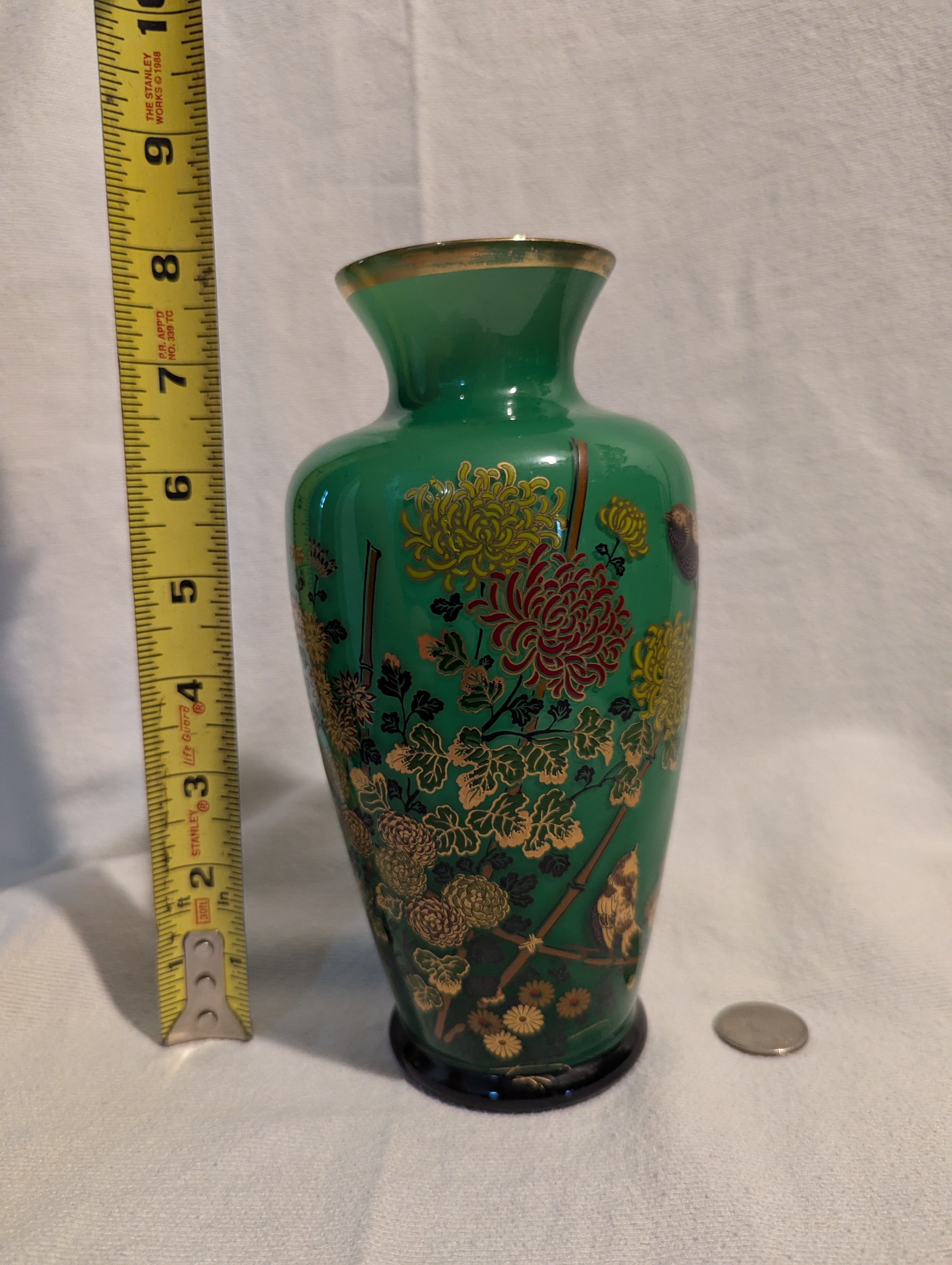 Vintage Japanese Green Floral & Bird Decorative Vase